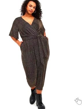 TORID-Plus Size Metallic Black Wrap Jumpsuit with Tie Waist
